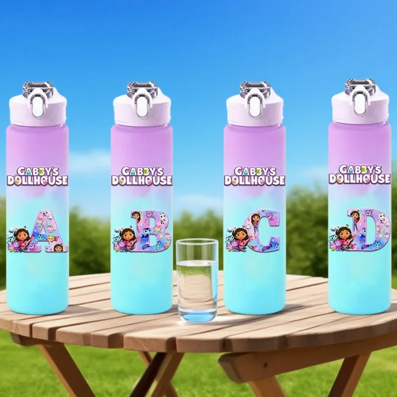 

750ML Gabby Dollhouse Water Cup A-Z Letters Gradient Drink Bottles Girls Outdoor Portable Plastic Large Sport Drinkware Gift