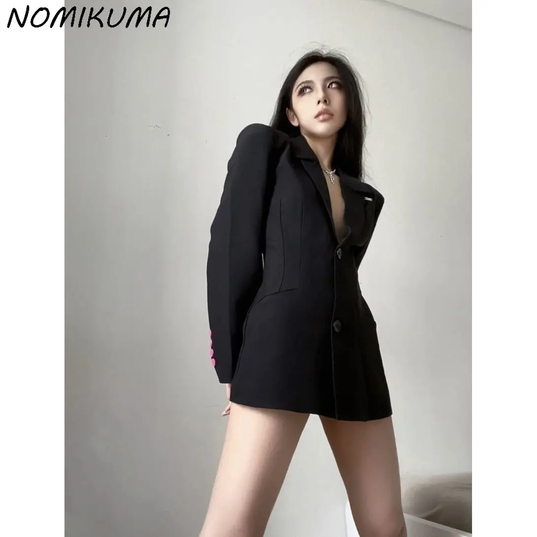 Nomikuma-Chaqueta de traje coreana con cuello con muescas para mujer, Blazer largo medio elegante con botonadura única, cinturón Delgado rosa, Otoño, 2023