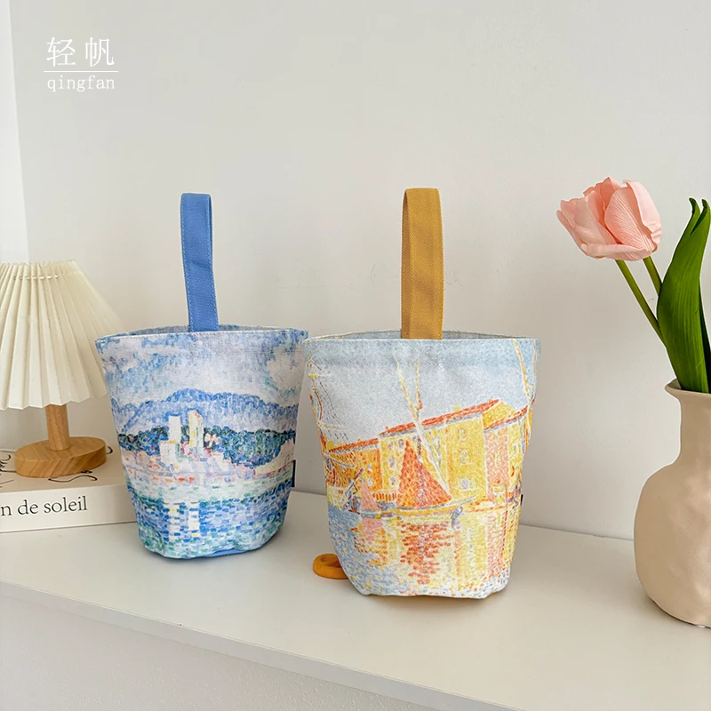 

literary and retro impressionism pointillist oil painting printing small bucket hand carry small sundries canvas bag women'