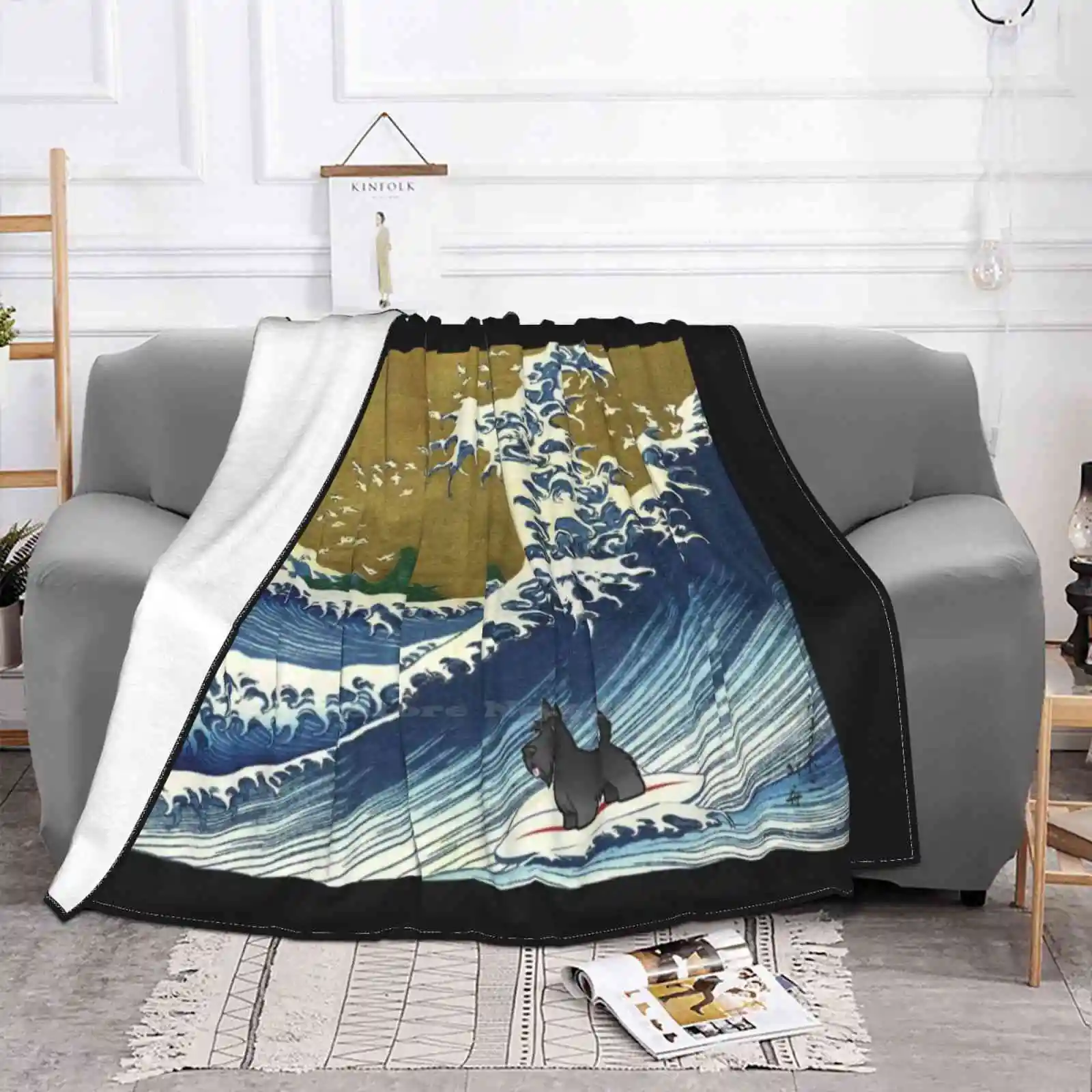 Scottie Dog / Scottish Terrier Surfing Creative Design Light Thin Soft Flannel Blanket The Great Wave Japanese Art The Wave