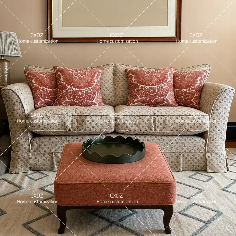 American Retro Solid Wood Sofa Living Room Straight Row Double Sofa Simple Cafe Printed Fabric Couch