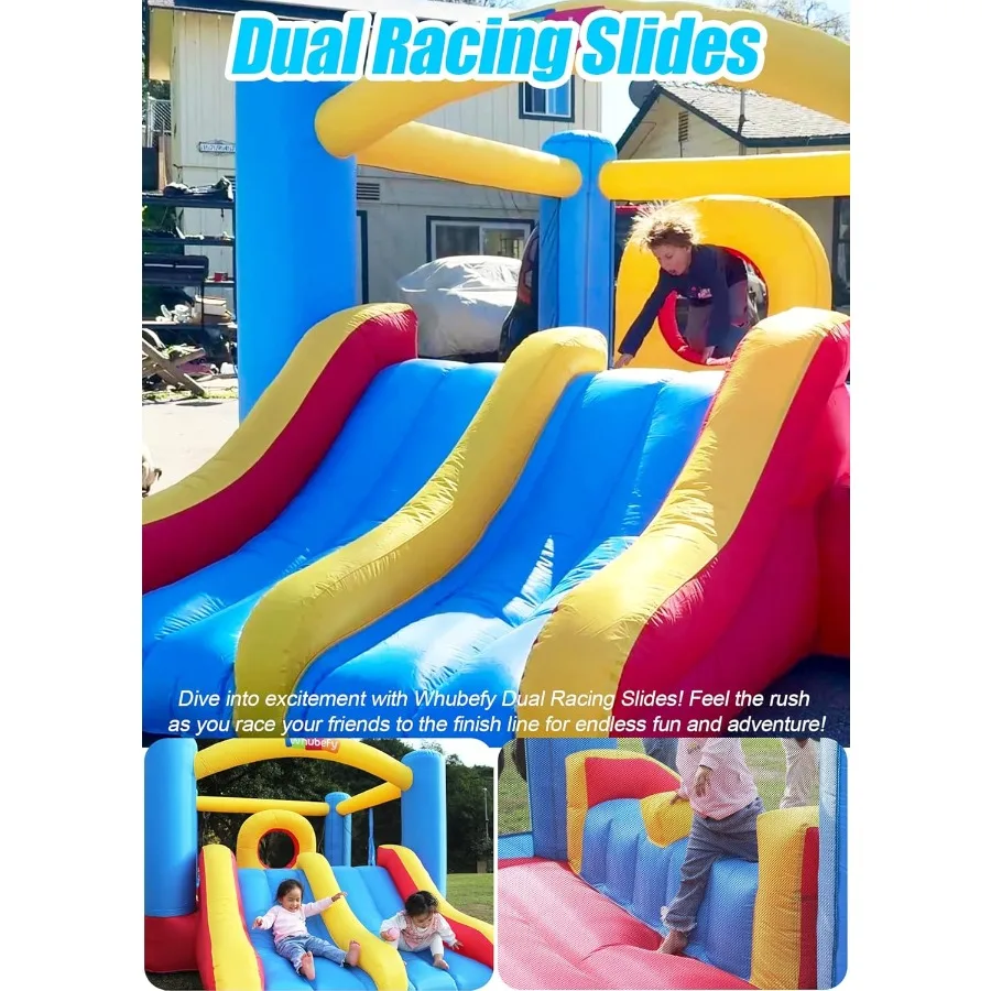 บ้านลมเป่าลมพร้อมสไลเดอร์แข่งรถคู่แบบยกสูงสำหรับเด็กอายุ 3-6 ปี พร้อมห่วงกระโดด ปราสาทลมเป่าลมขนาดใหญ่พร้อมเครื่องกีดขวาง