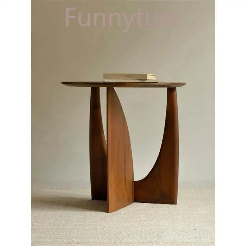 Nordic round solid wood edge, geometric designer corner, black simple coffee table, sofa side table, bedroom bedside table