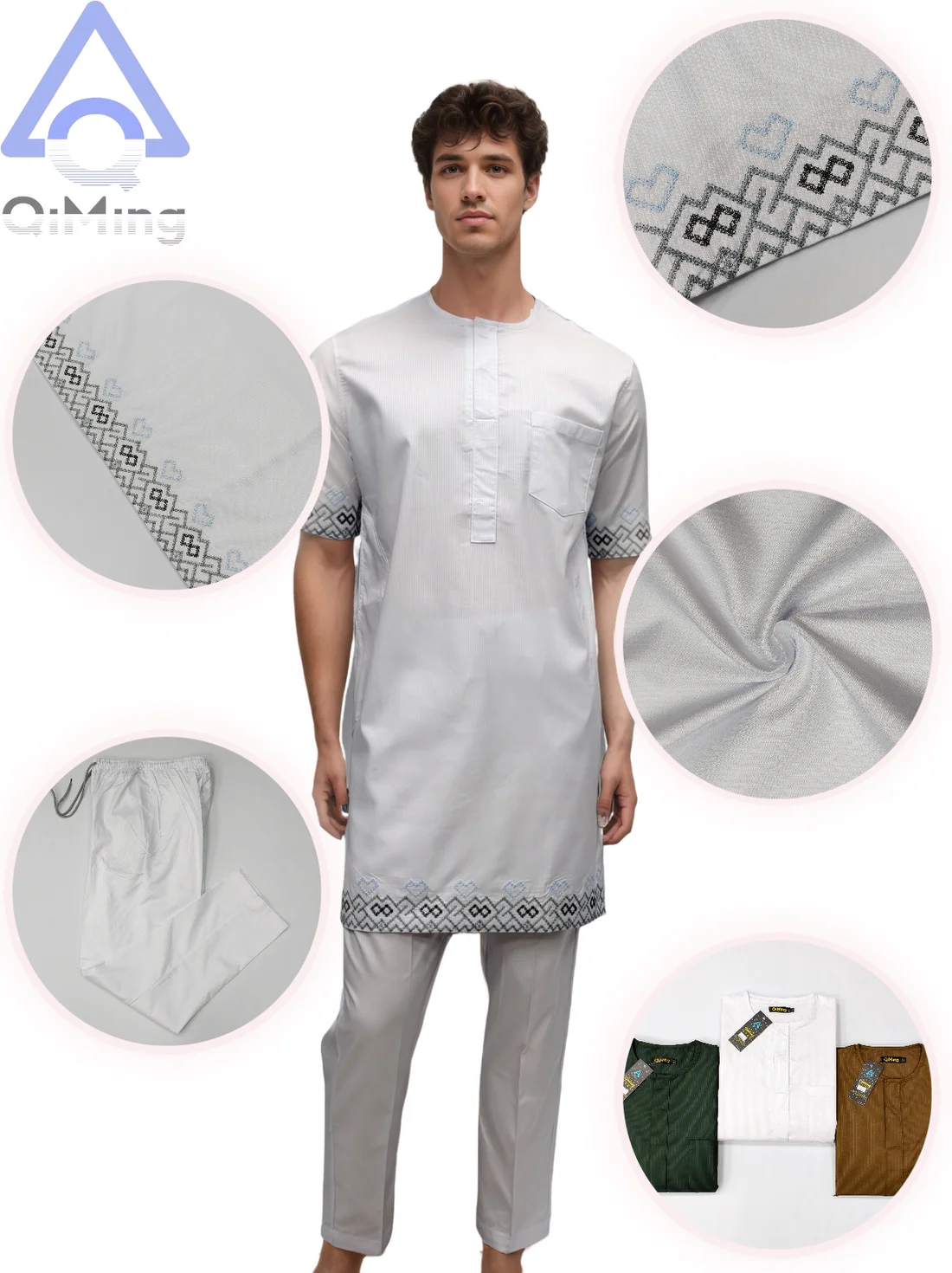 White Plain 40% Cotton Two-Piece Summer Muslim Wedding Outfit Jubba Fashion Cuffs Embroidery Prayer Moroccan Islamic Dubai Abaya