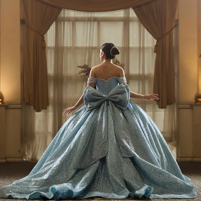

Shiny Blue Quinceanera Dress Glitter Crystal Pearl Decal Lace layering Long tail Bow Vestidos De 15 Quinceanera ﻿Customize