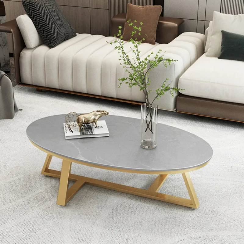 Modern minimalist rock slab oval coffee table, light luxury hotel, internet, black tea table, model room, family living room