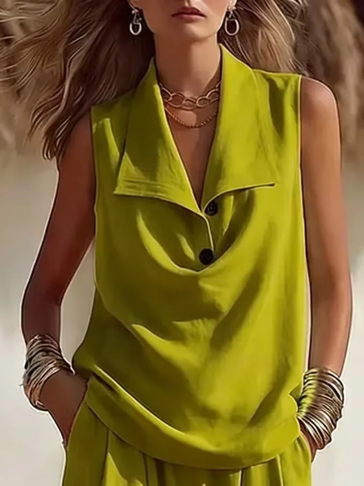 

Summer Slanted Collar Folds 2 Piece Set Women Sleeveless Tank Top High Waist Wide Leg Pants Casual Loose Outfit Streetwear