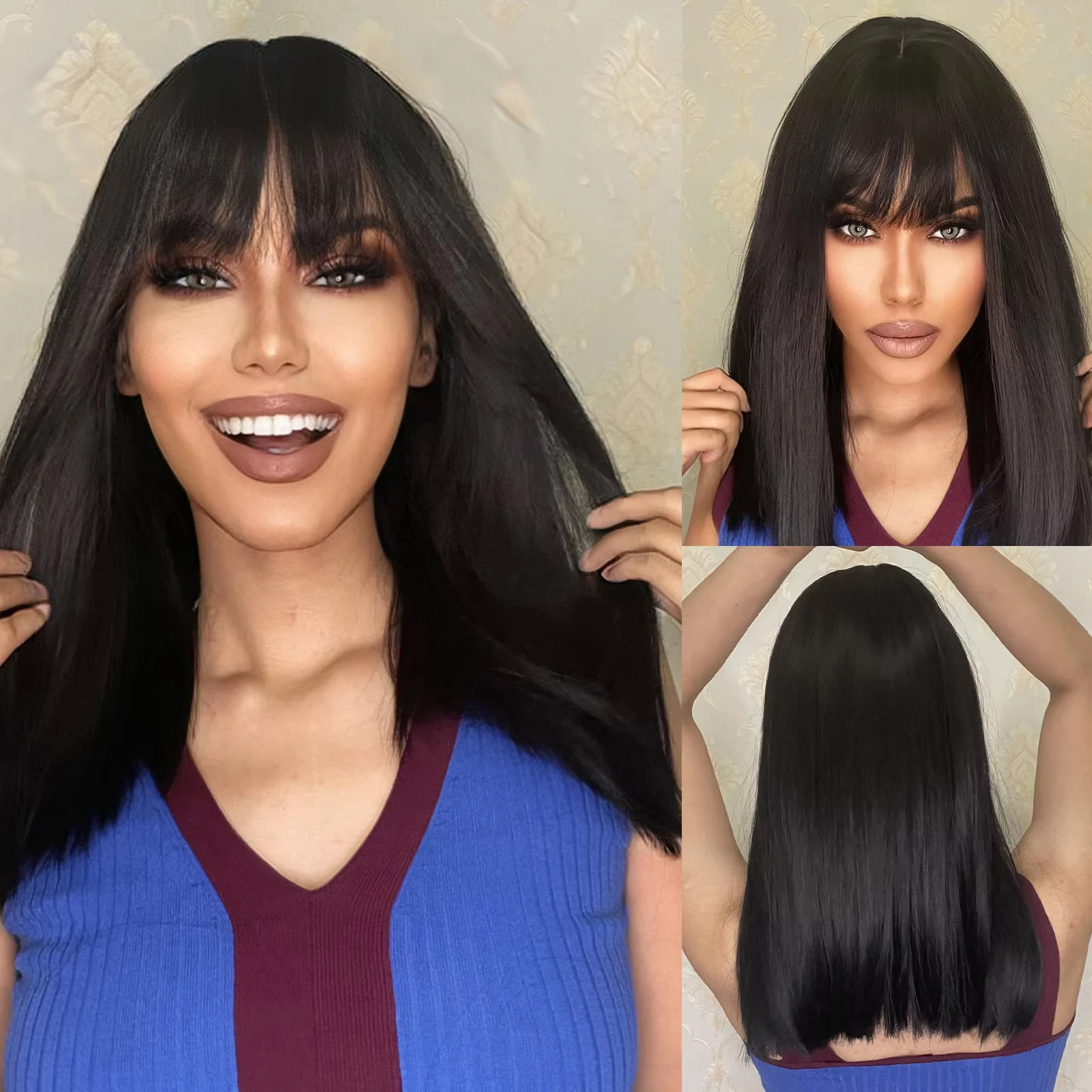 

Black Synthetic Wig Straight Medium Length Fake Hair with Full Bangs for Women Use Daily Party Cosplay High Temperature Fiber