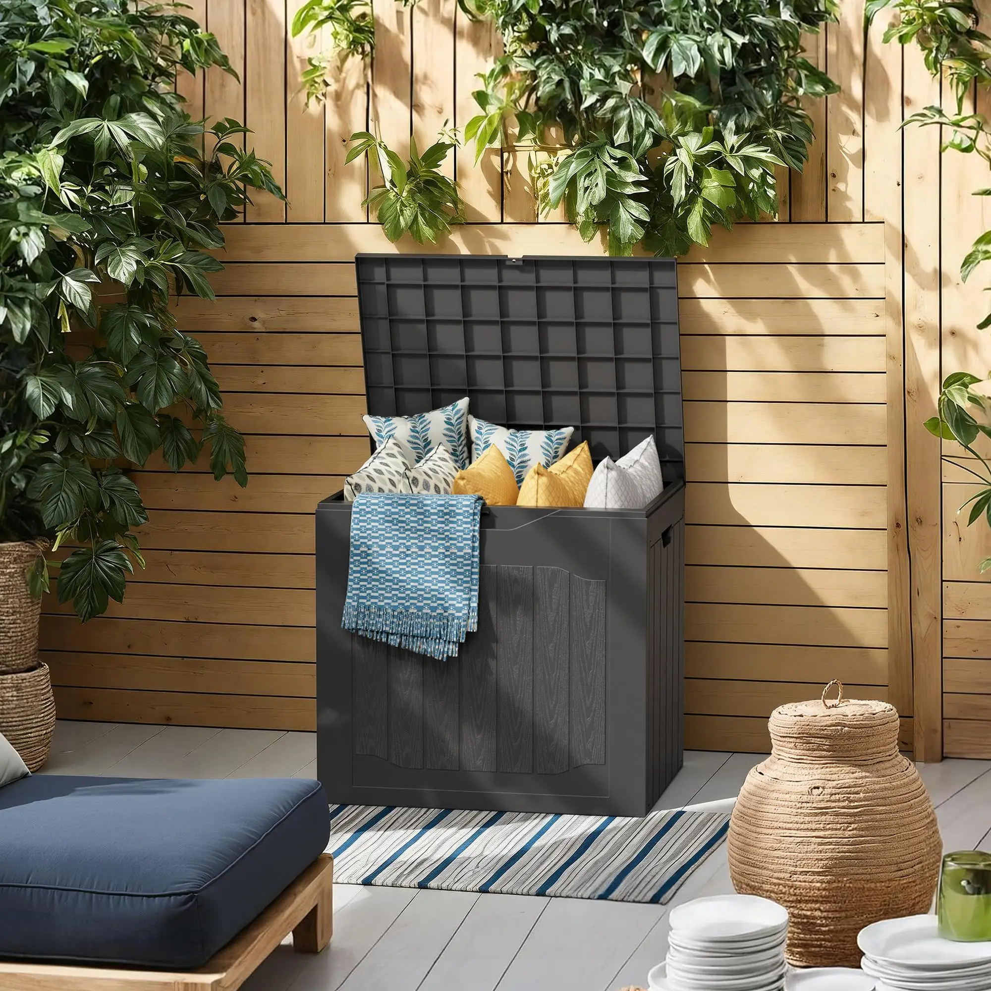 35 Gallon Outdoor Storage Box Waterproof Resin Patio Deck Box with Handles Lockable Garden Storage Container Heavy Duty Yard Organizer for Furniture Cushions Tools Toys Black Brown