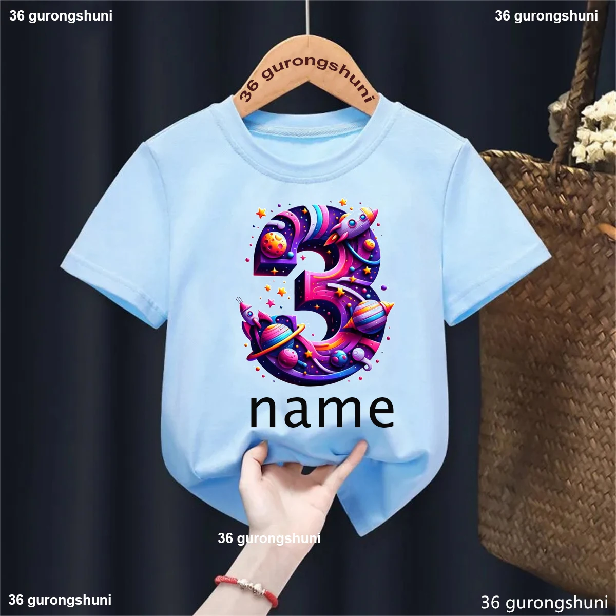 Kawaii Kids Clothes Custom Name 3th Birthday Gift Printed T Shirt Girls/Boys Astronaut Spacecraft Planet Tshirt  Solid T-Shirt