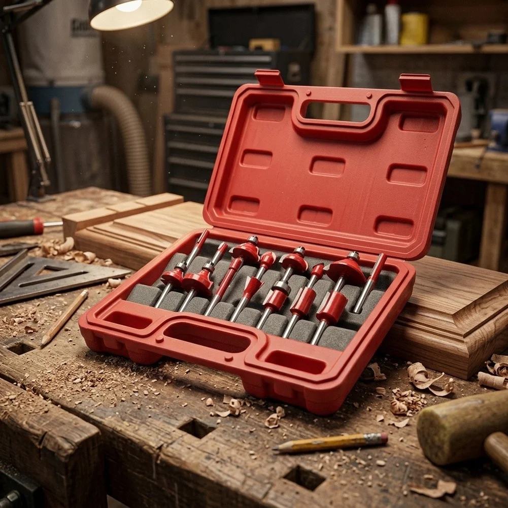 Hardened Steel Router Bit Set 15 Pieces 1/4 Inch Shank for Reduced Vibration and Smoother Cuts in Wood-Based Materials