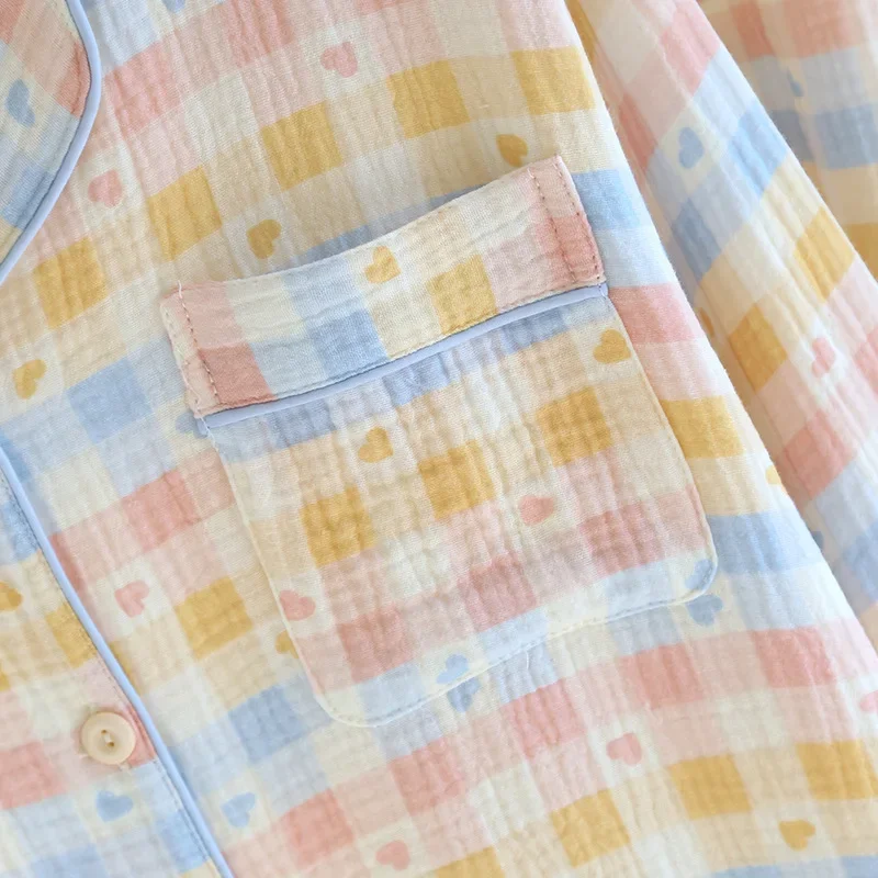 2025 Frühjahr/Sommer Neue frauen Pyjama Set 100% Baumwolle Crepe Kragen Liebe Plaid Langarm Lange Hosen Hause kleidung Set Damen