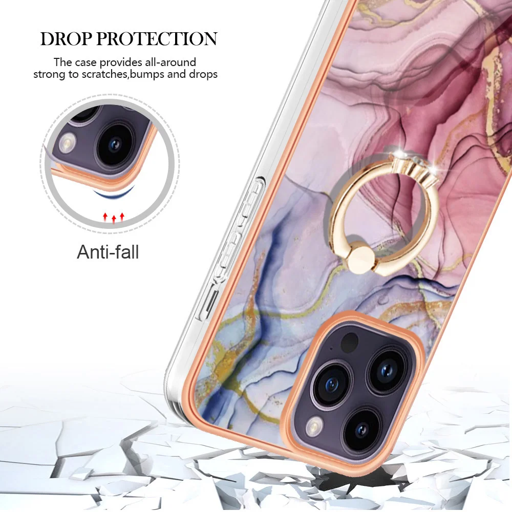 360 Rote Ring Holder Marble Phone Case for Iphone 15 Pro Max 14 Plus 13 Pro 12 11 KickStand Plating Ultra Thin Anti Fall Cover