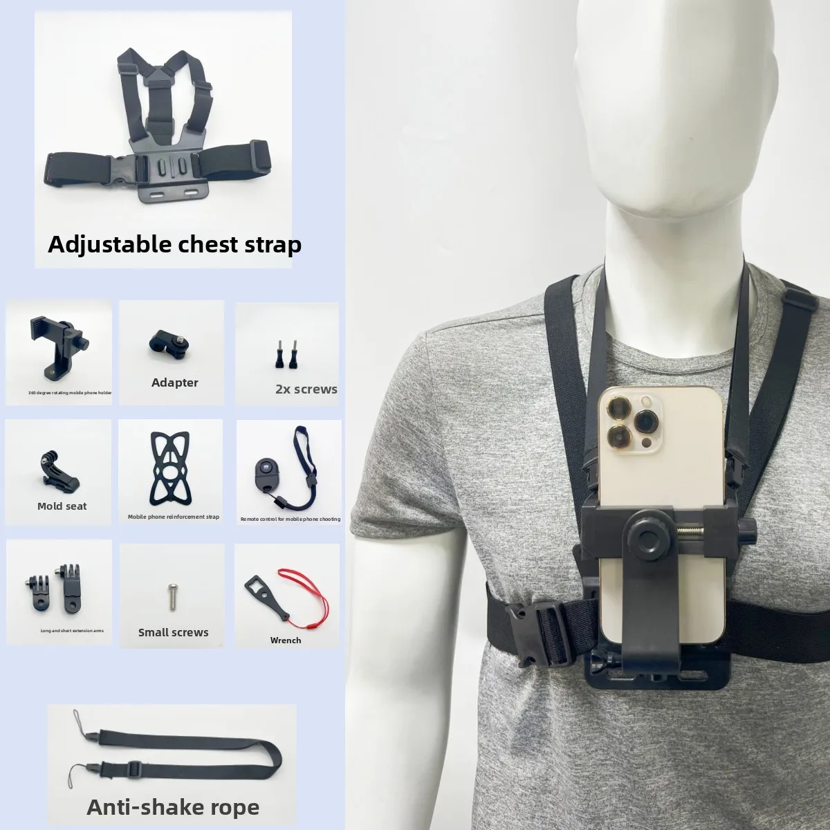 

Universal Adjustable Chest Phone Mount POV Harness Anti-Shake Strap with Remote Control for Phones and Action Cameras