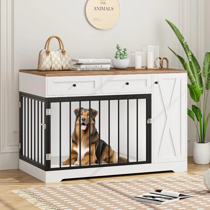 Kennel with Double Doors Wooden Pet House with 2 Drawers and Storage Cabinet, End Table for Small Medium Dogs, White