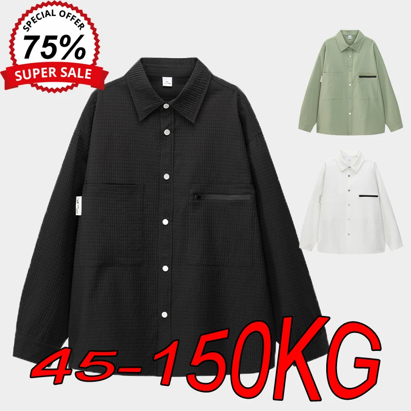 [Hot Sale] Men's Plus Size Waffle Long-sleeved Shirts 5XL 6XL 2025 Spring Autumn Tooling Casual Loose 45kg-150kg Wearable Shirts