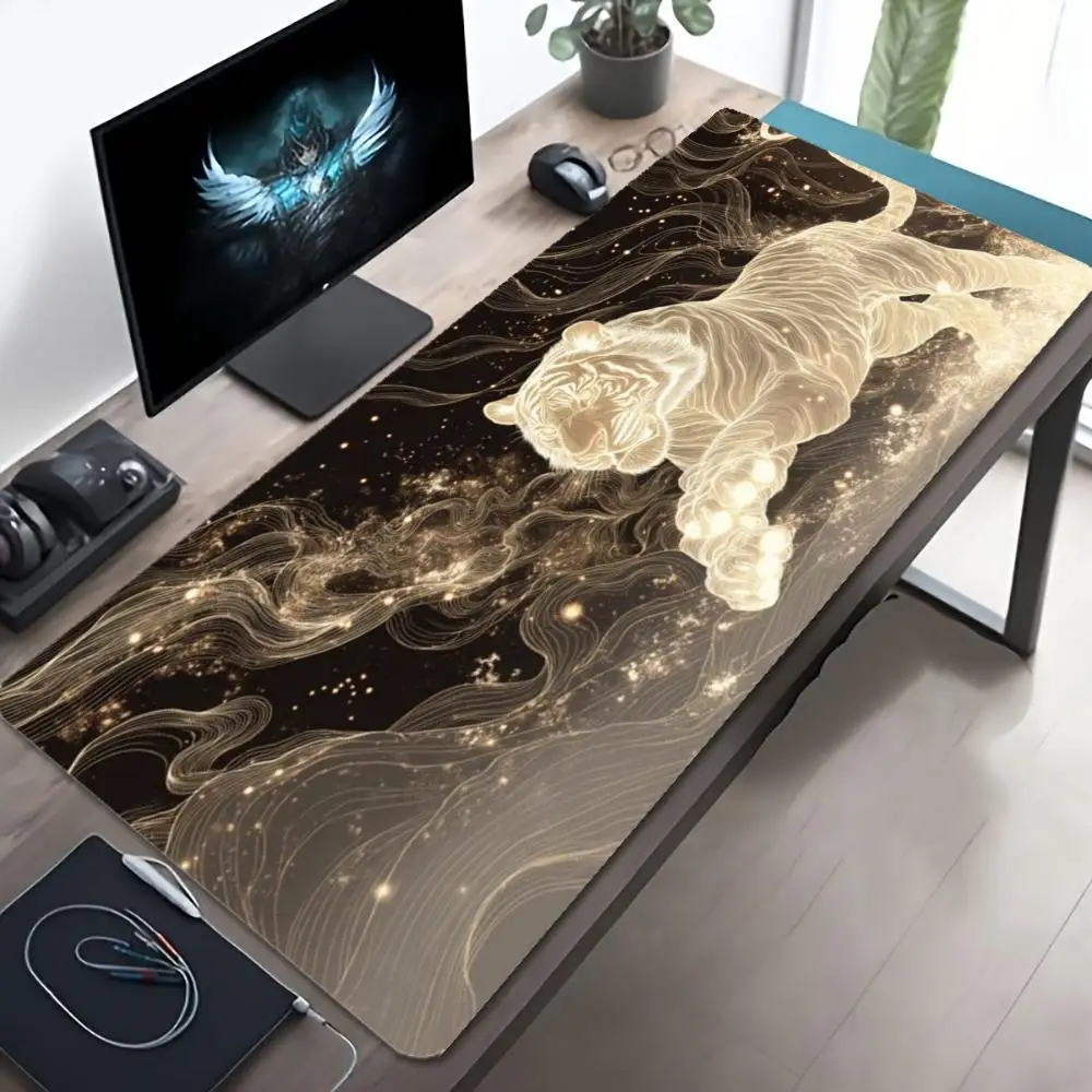 XXL Chinese Divine White Tiger Mouse Pad Golden Line Art Galaxy Desk Mat Non Slip Rubber Base Gaming Keyboard Pad Laptop Decor