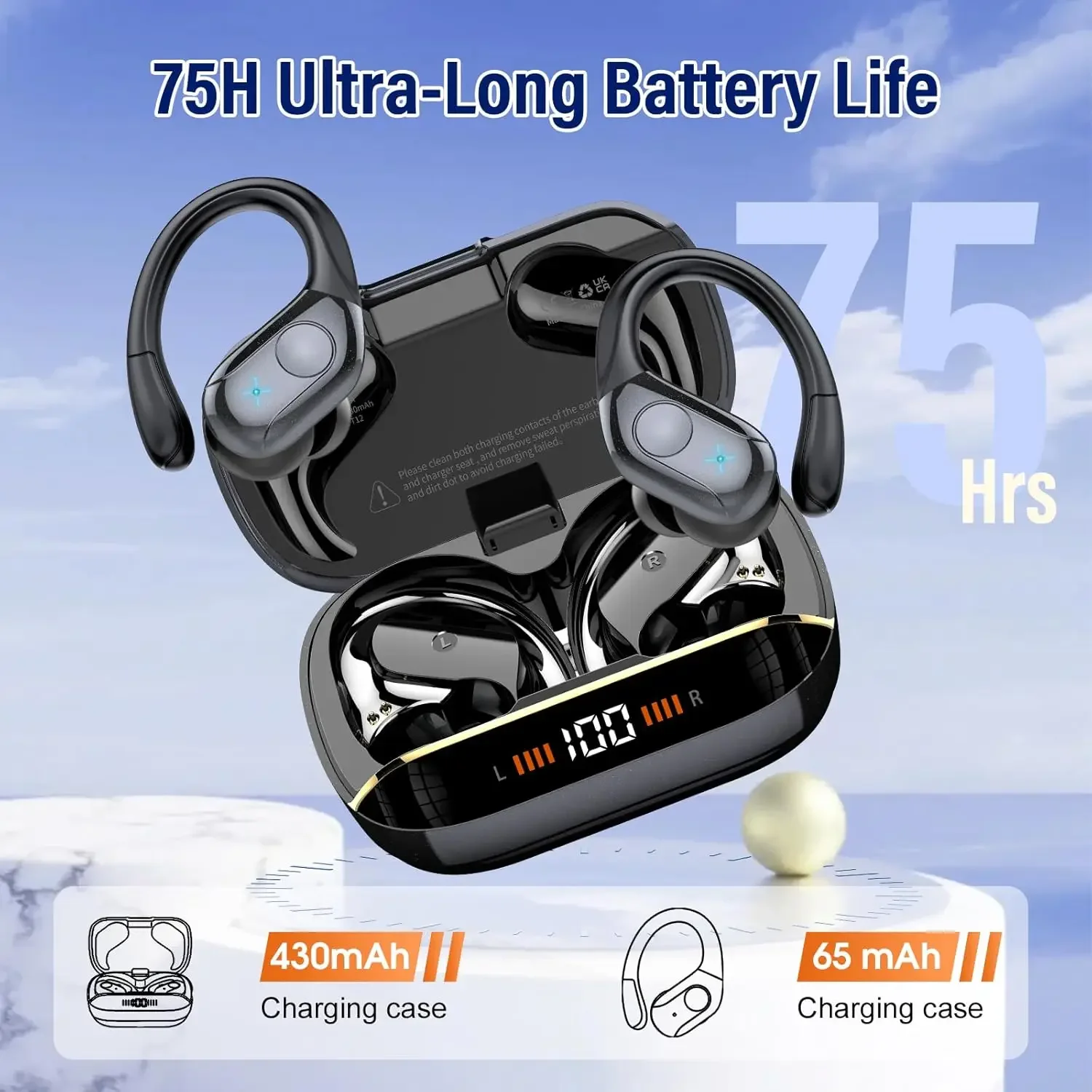 Auriculares inalámbricos Bluetooth 5,4 con reproducción de 75 horas, micrófono con cancelación de ruido, IPX7 impermeables, auriculares deportivos para correr/juegos