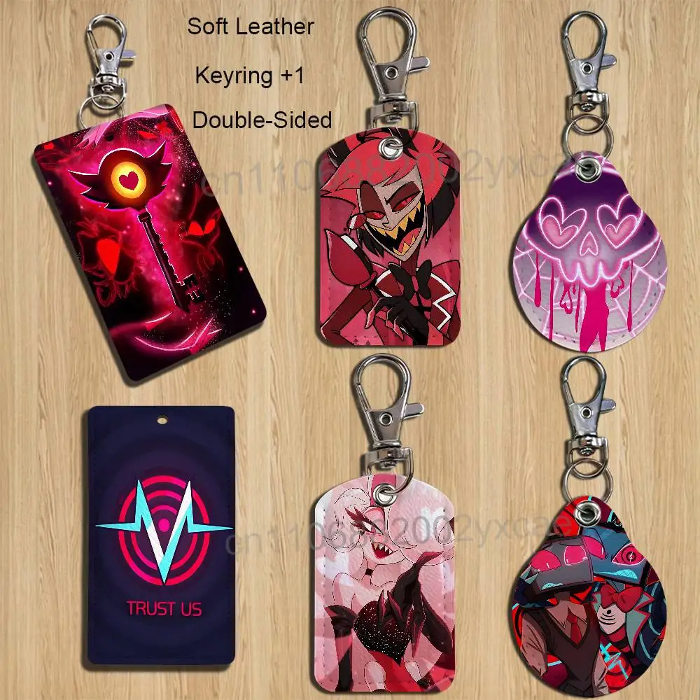 Alastor Vox Angel Dust Hazbin Hotel  Rectangle ID Card Case Keychain Access Card Bag Key Tag Ring Leather Card Holder Key Ring