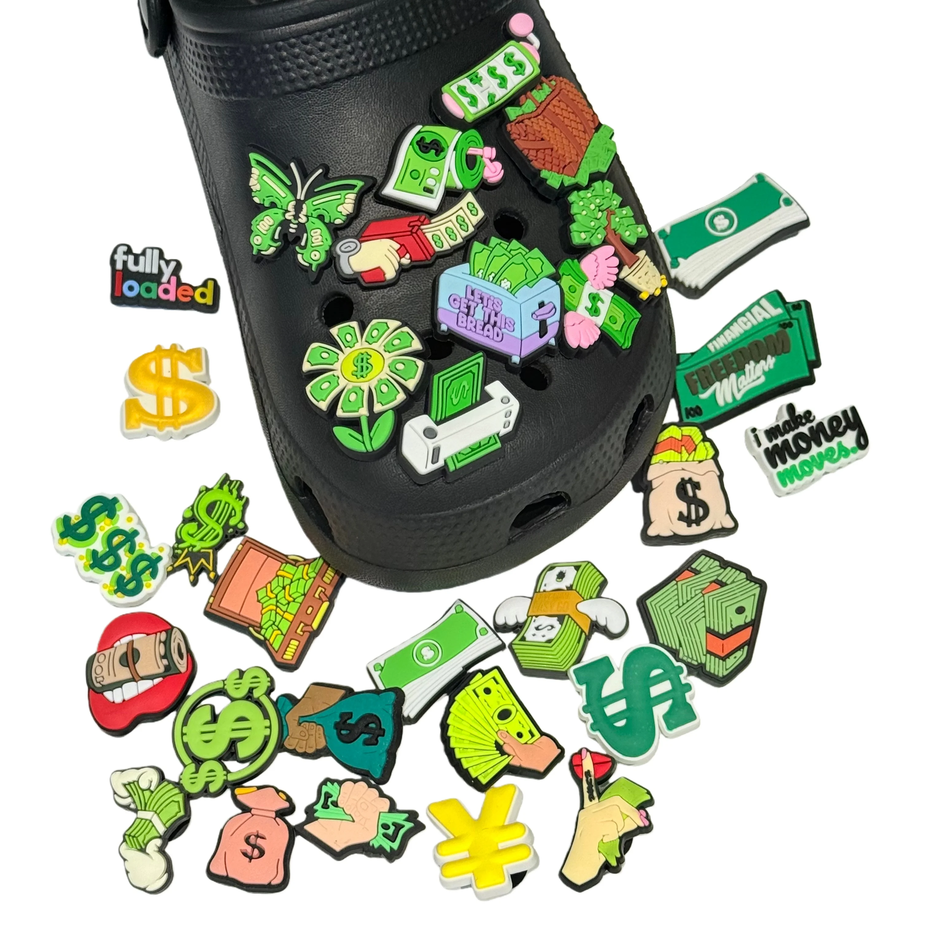 Hot Sales 1-32Pcs Financial Freedom Matters PVC Shoe Charms Money Sign Sandals Accessories For Adult Party Present
