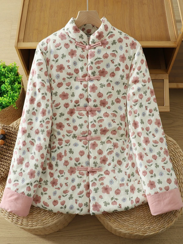 Manteau chaud en coton imprimé Floral, coupe ample, boutonné, vêtements d'extérieur d'hiver, Ele Lady pour les déplacements, tissu imprimé non à capuche