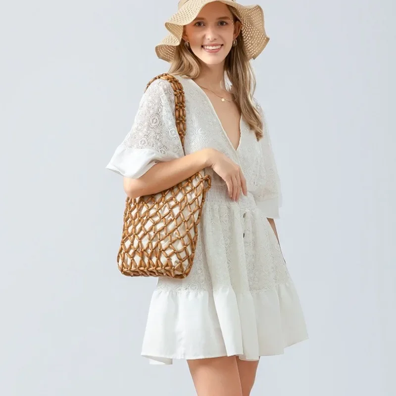 

Нишевый дизайн Ins Ретро деревянная сумка-ведро с бусинами Тканая полая сумка ручной работы Женская сумка на плечо с бисером