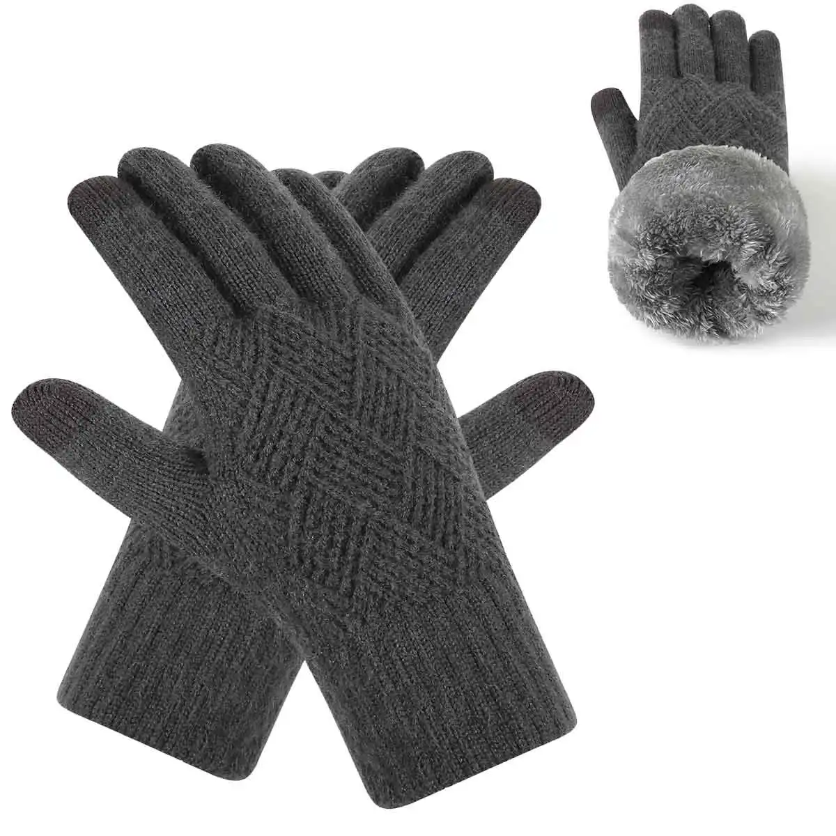Men's Diamond Pattern Knit Touchscreen Gloves – Double-Layer Fleece Lined Thermal Winter Gloves for Outdoor Cycling & Cold Weath