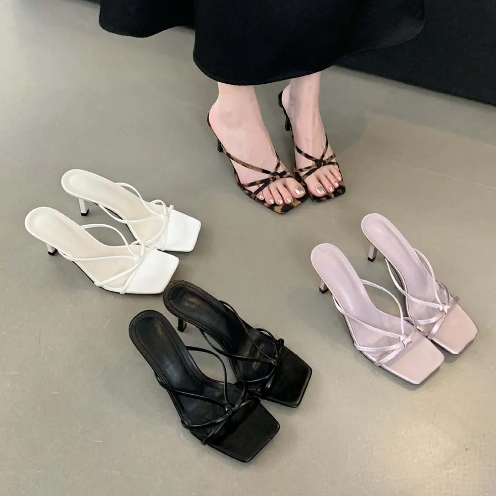 

Women's Strappy Square Open Toe Kitten Heels Sandals Knotted Design Summer Fashion Slip On Mules Slippers 7cm