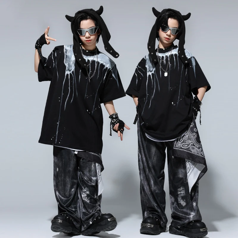 Baggy Schwarz Hip Hop Kleidung Kinder Teenager Street Dance Kleidung Kurzen Ärmeln Tops Hosen Mädchen Jazz Praxis Zeigen Tragen BL15804