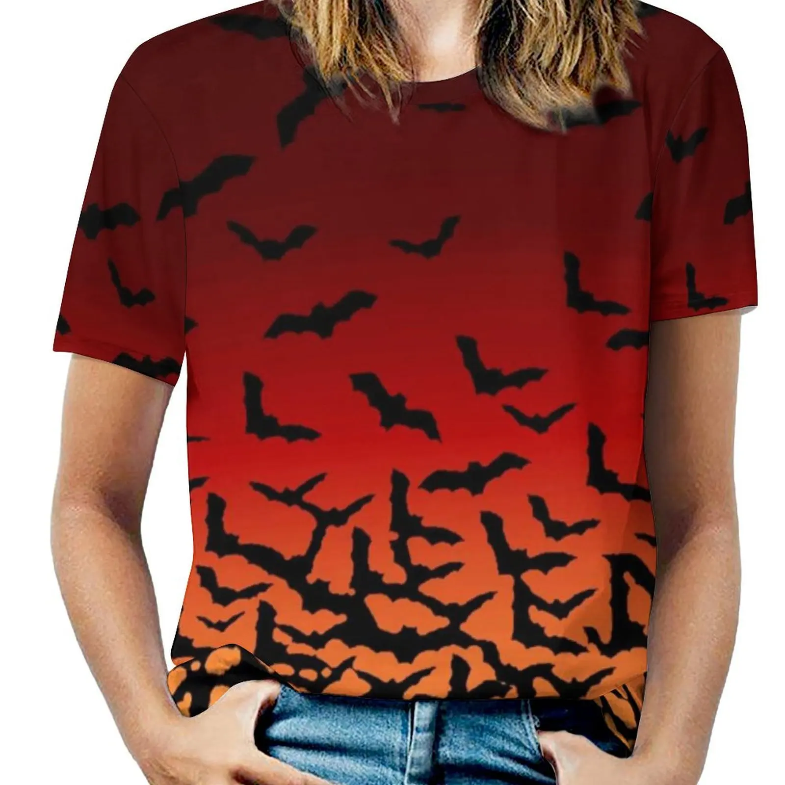 Womens T-Shirt Halloween O Neck T Shirts Short Sleeve Bat Sunset Creatures Of The Night Cool Pattern Tshirt Casual Tees 5XL 6XL