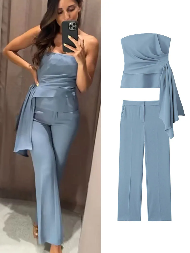 TRAF 2 Pieces Autumn Women Strapless Top Pant Sets Elegant Asymmetrical Folds Causal Top High Waist Zipper Straight Trousers