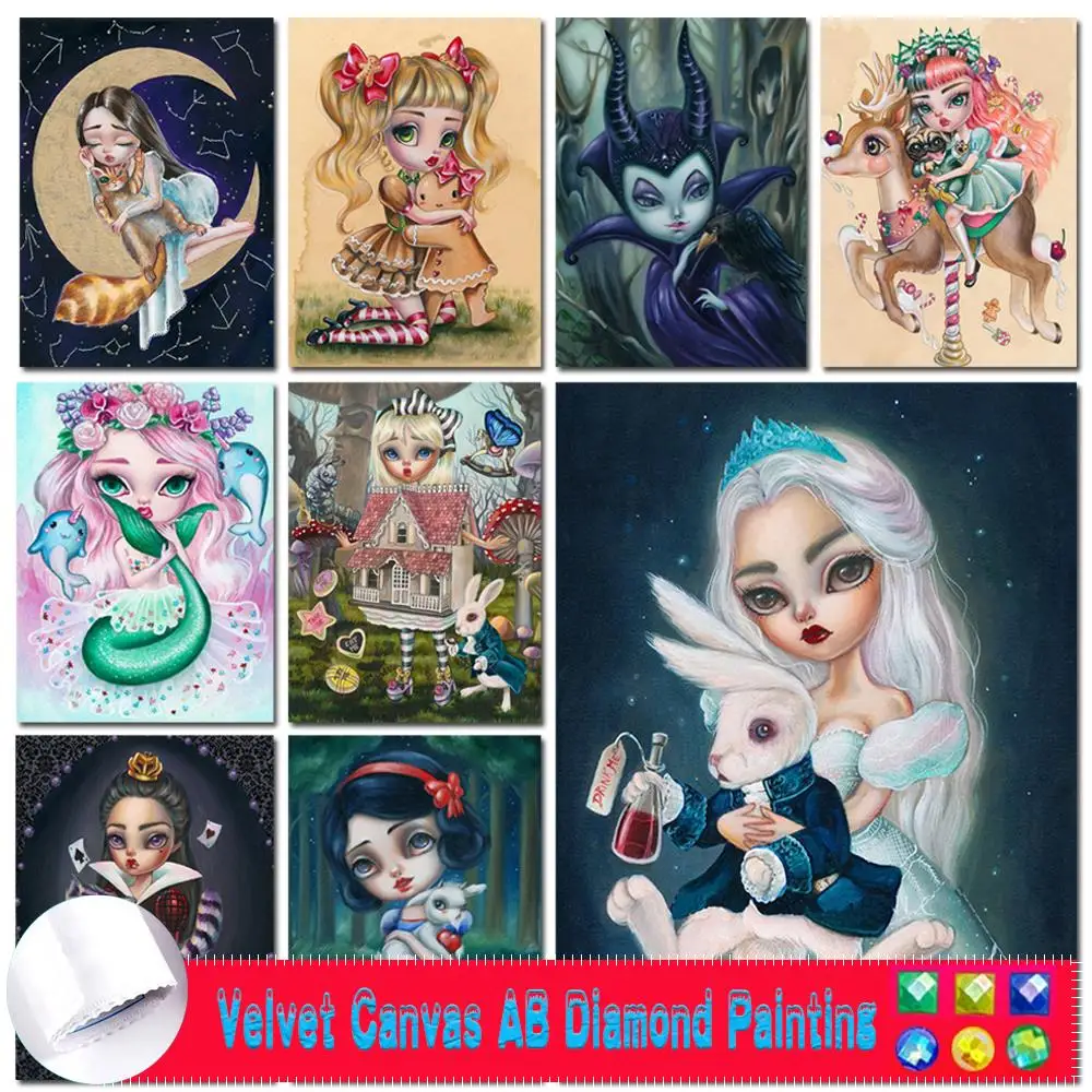 5D DIY Velvet AB Diamond Painting Disney Cartoon Alice Rabbit Embroidery Big Eyes Doll Princess Ful Diamond Mosaic Home Decor