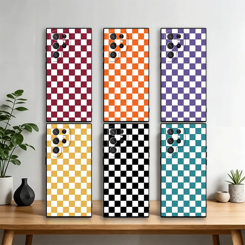 Retro Classic Chess Board Grid Phone Case Cover for Samsung Galaxy S22 S23 Plus S24 FE S25 Edge S26 Ultra S20 S21 + Black Soft S