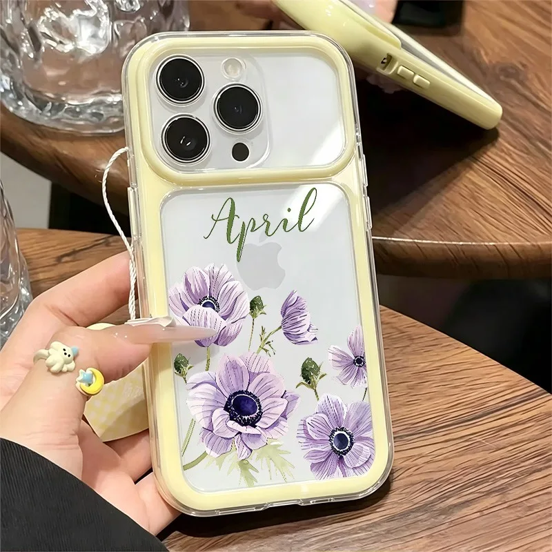 April Purple Anemone Floral Print Phone Case For iPhone 11-17 Series, Large Clear Window Shockproof Soft TPU Cover