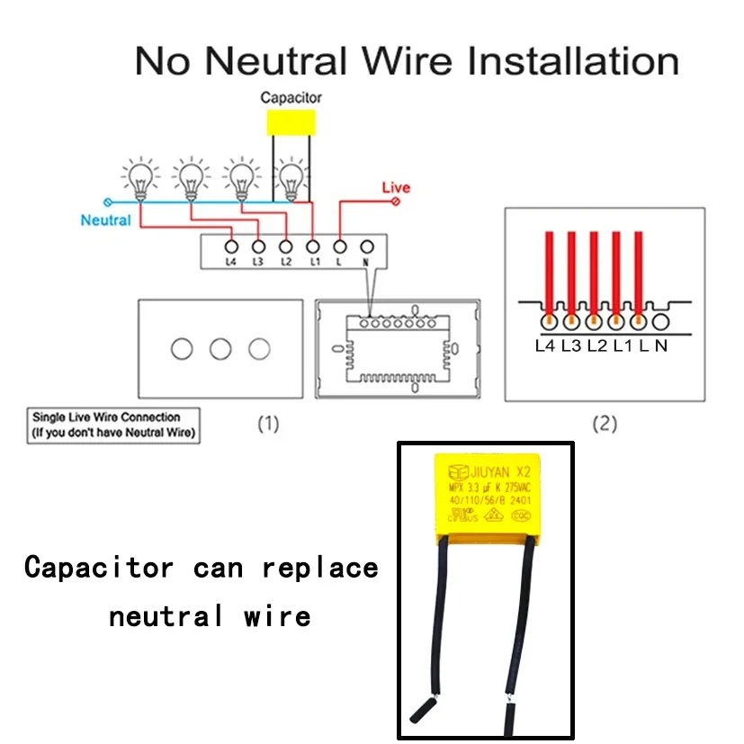 Capacitor de segurança flash anti-luz, 3.3UF, 275VAC, adequado para toque inteligente sem ventiladores elétricos neutros, interruptores, etc.