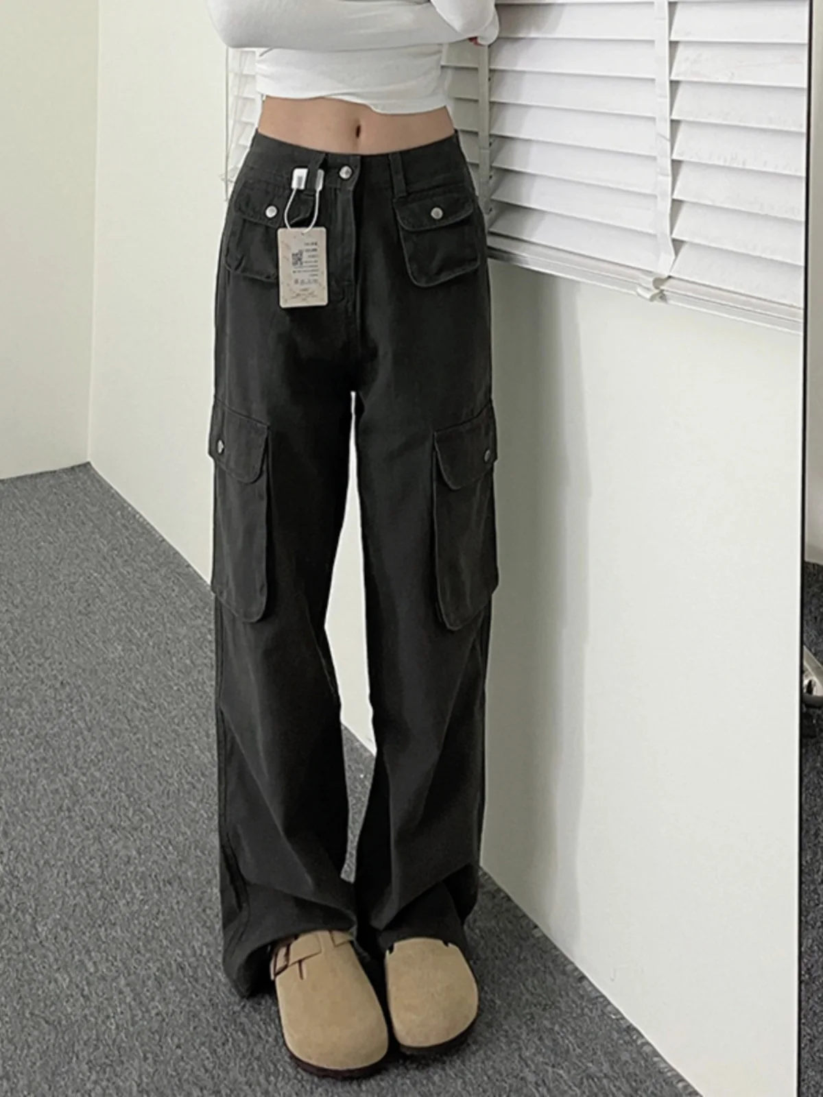 

Retro American Work Pants Men's Spring Autumn New Style Cleanfit Black Large Pocket Trendy Straight Leg Jeans High Waist Zipper