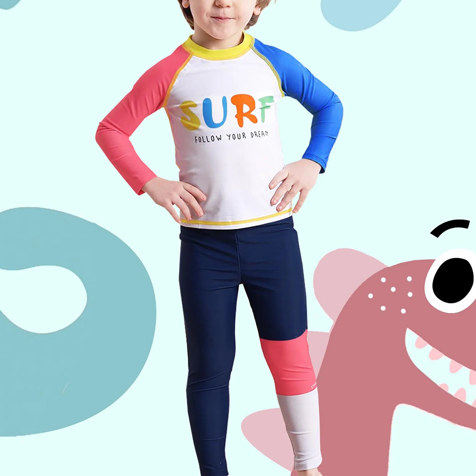 Kids Boys Sun Protection Swimsuit UPF 50+ Rash Guard Long Sleeve Color Block Shirt Tops with Pants Beach Swim Wear for Diving