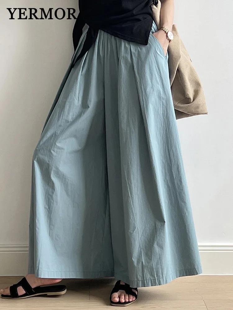 

YERMORA High Elastic Waist Blue Pleated Brief Casual Wide Leg Pants Women Loose Fit New Trousers Fashion Srping Autumn 2025 A771