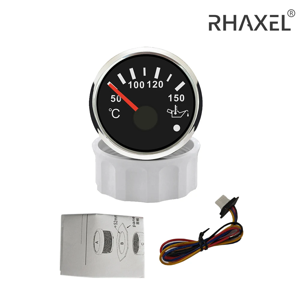 RHAXEL 52mm (2'') Oil Temperature Gauge 50-150℃ with Red Backlight Alarm 12V 24V for Tractor ATV RV Boat Waterproof