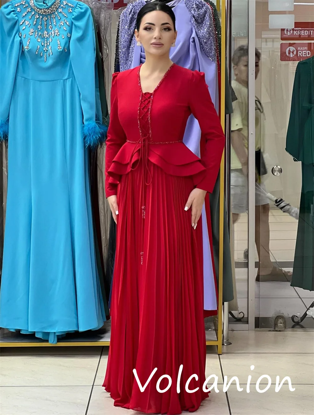 Personalizado estilo chinês camisa lantejoulas plissado a linha com decote em v vestidos longos sob medida ocasião clássico correspondência