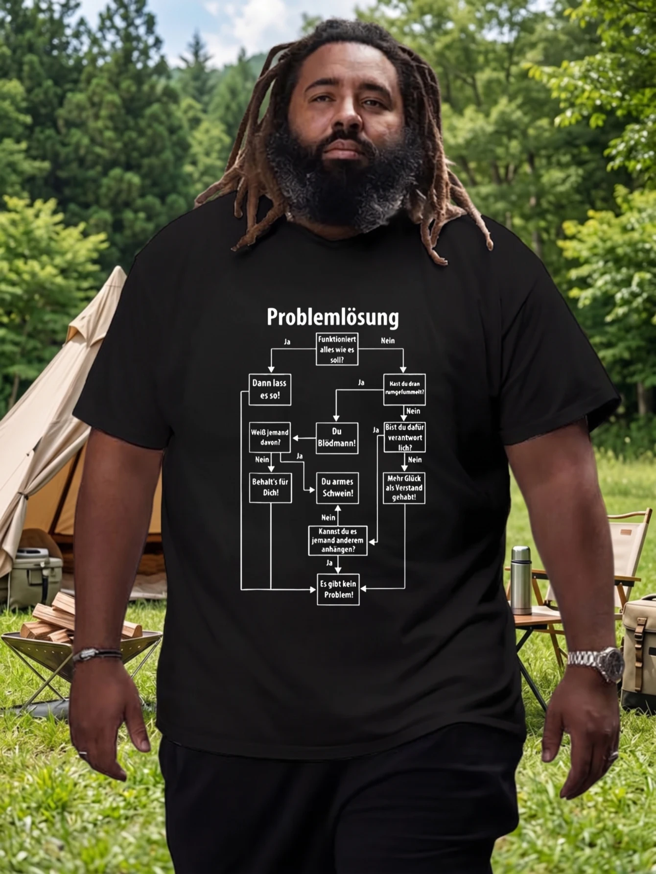 1 pièce, 100% coton, unisexe, homme/femme, diagramme de résolution de problèmes allemand, texte blanc, t-shirt noir à col rond et manches courtes, imprimé, grande taille, confortable, vêtement décontracté, lavable en machine