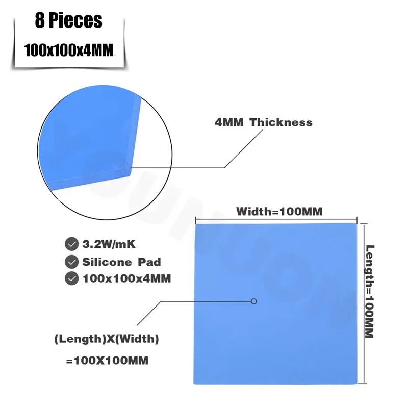 8 stks YOUNUON 100x100x0.5mm 1mm 1.5mm 2mm 2.5mm 3mm 4mm 5mm Blauw Wit Groen Combinatie Thermische Pads Koeling Geleidende Siliconen