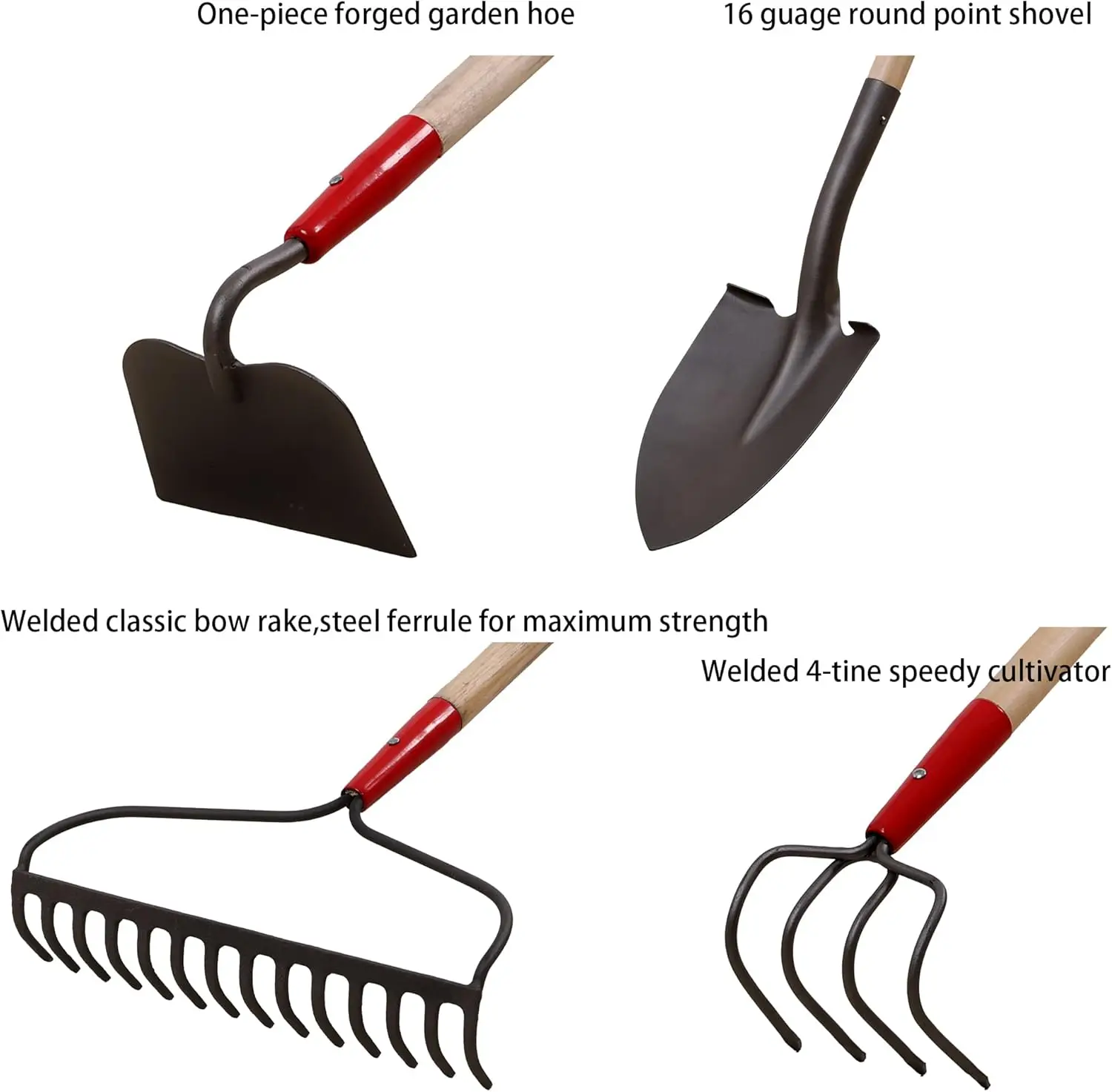 denall 7-Piece Shovels Rakes Hoe Set Garden Tools Gifts For Women Long Wood Handle Pointy Shovels For Digging Short Handle