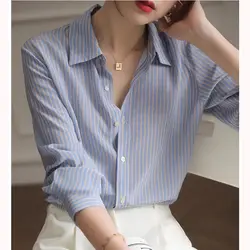 Le donne Summer Simplicity Office Lady a righe sembrano sottili camicie a maniche lunghe con scollo a Polo abbigliamento donna Casual All-match Trend Tops