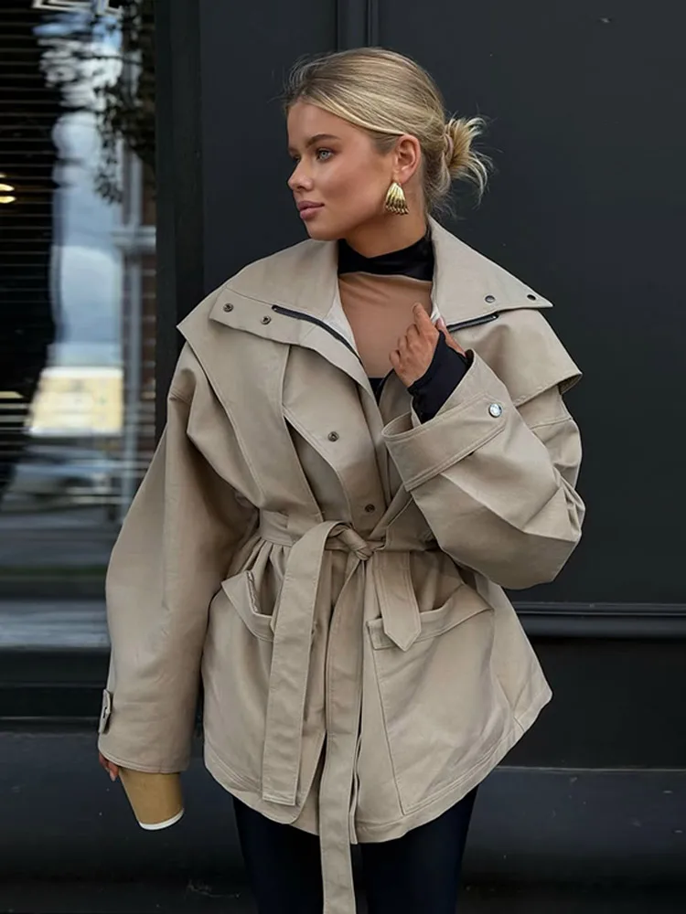 

Women Casual Solid Windbreaker Jumpsuit Elegant Lapel Long Sleeve High Waist Belt Bodysuit Autumn Lady High Street Jumpsuits