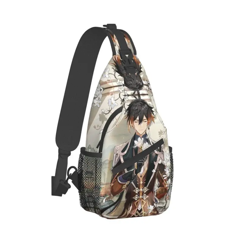 Zhongli Genshin Impact Sling Bag personalizado para hombres, mochila cruzada de hombro para el pecho, mochila de viaje para senderismo, paquete de