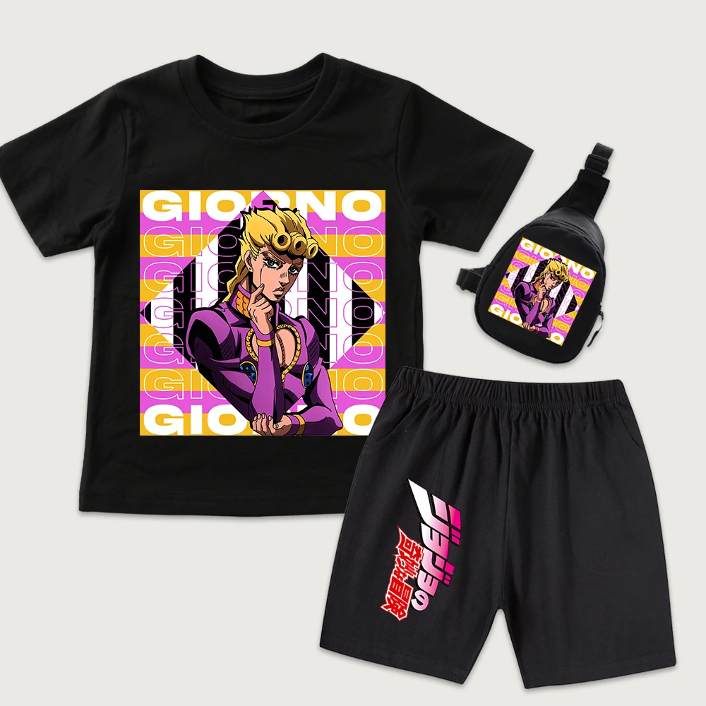 Jojo Giorno Anime Print Kids Cotton T Shirt Shorts Mini Chest Bag 3 Piece Set for Boys Girls Casual Summer Outfit