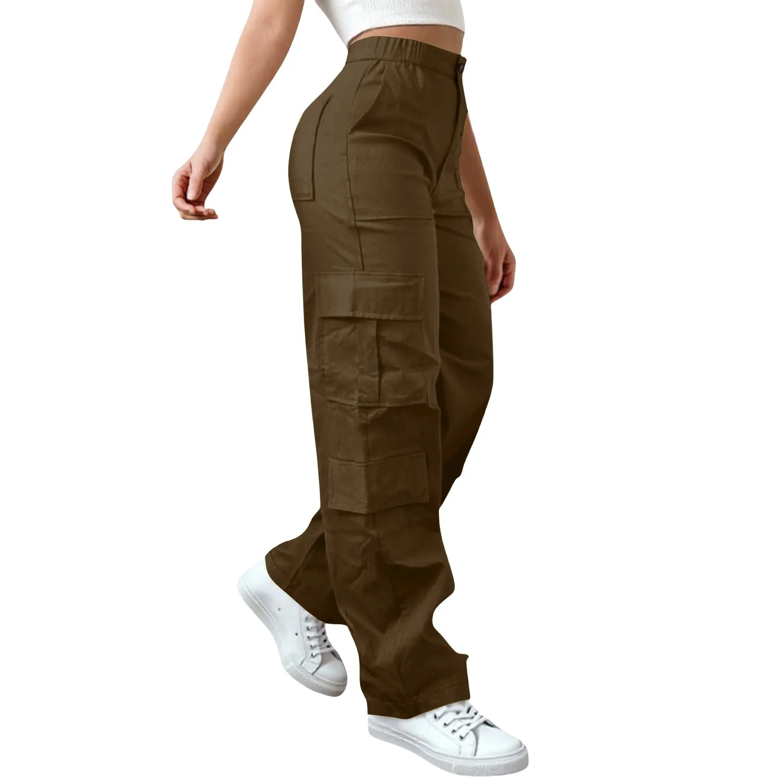 Casual Cargo Pants Cotton Straight Leg High Waist Multiple Pockets Utility Trousers Wide Leg Loose Fit Full Length Solid Color