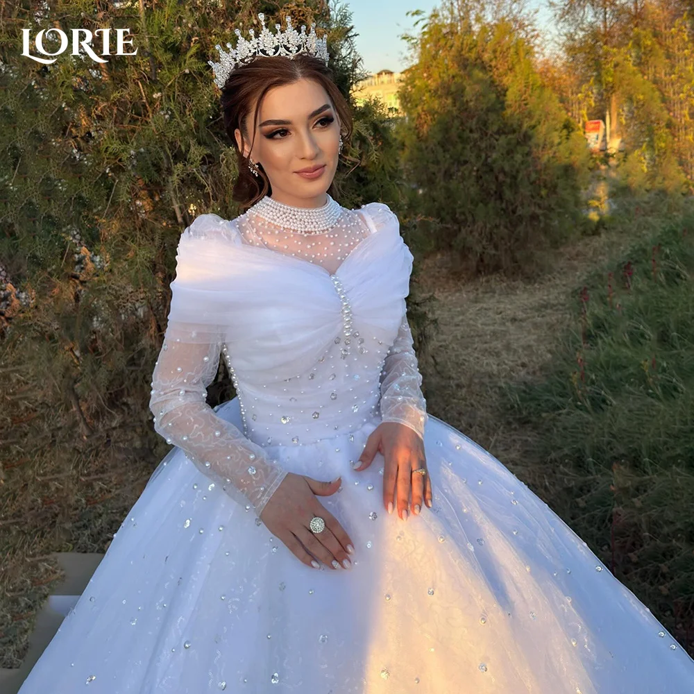 

LORIE Vintage Glitter Pearls Wedding Dress A-Line Shiny Beading High Collar Bridal Gowns Princess Sparkly Bride Dress Customized