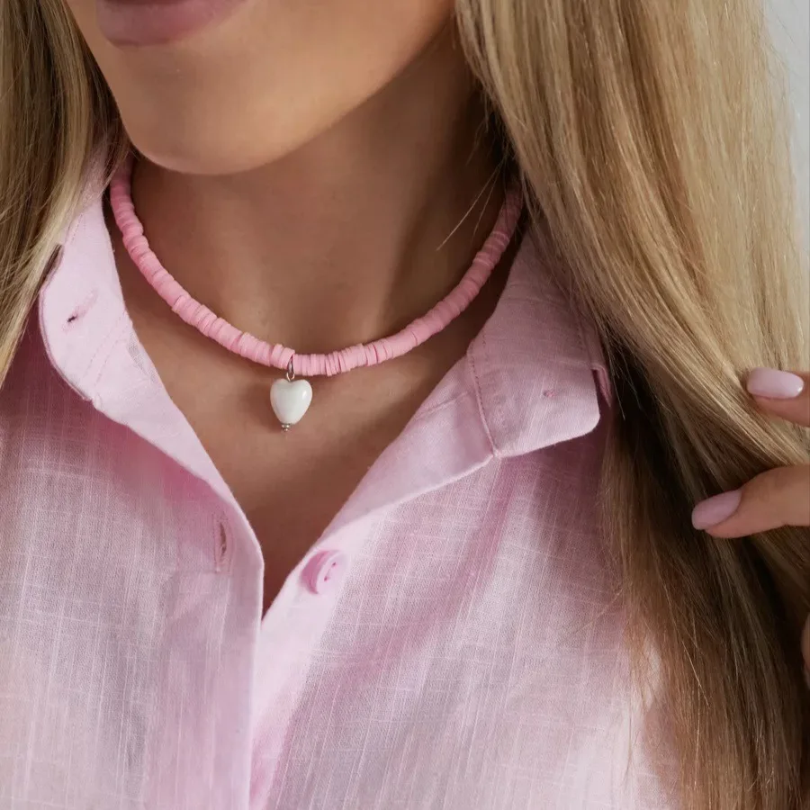 جديد شخصية الإبداع الأبيض السيراميك الحب القلب قلادة قلادة بوهو 6 مللي متر الوردي لينة الفخار المختنق الإناث مجوهرات الزفاف #2